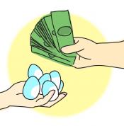 An illustration of two hands. One of the hands holds money, the other hand holds eggs.