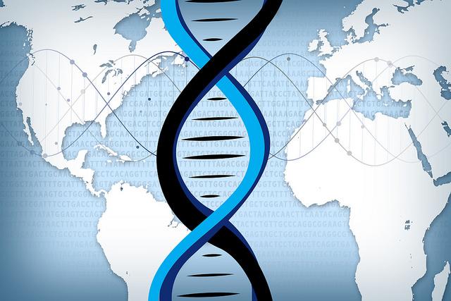 DNA double helix superimposed on map of the world