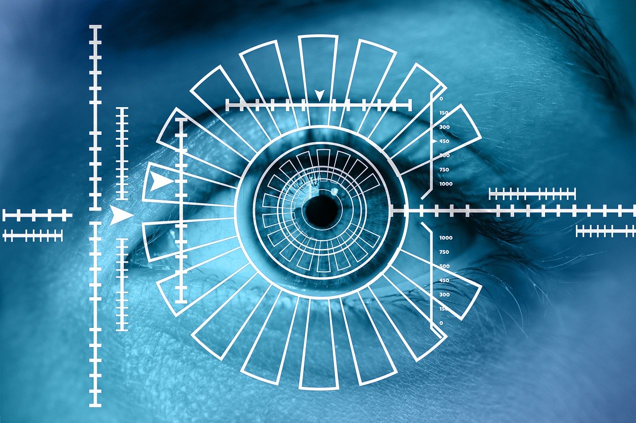 Closeup of an eye being analyzed by biometric technology