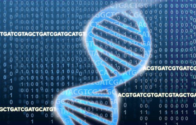 a blue DNA double helix with various lines of genetic code in the background.