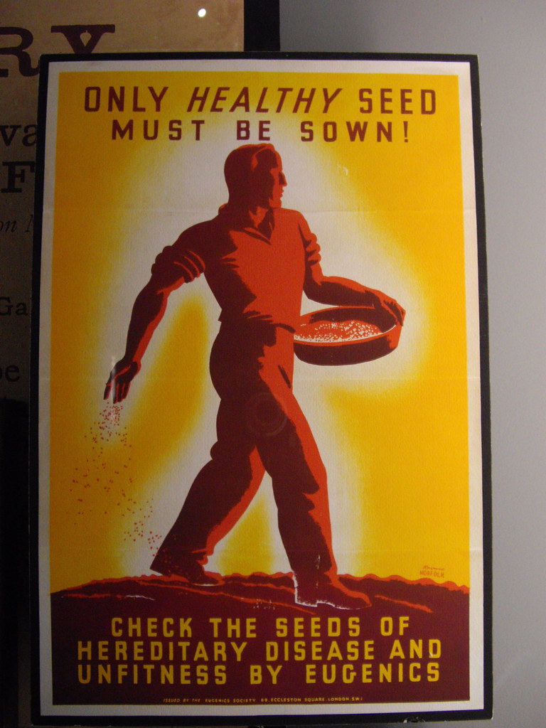 Red and yellow poster stating: "Only healthy seed must be sown! Check the seeds of hereditary disease and unfitness by eugenics."