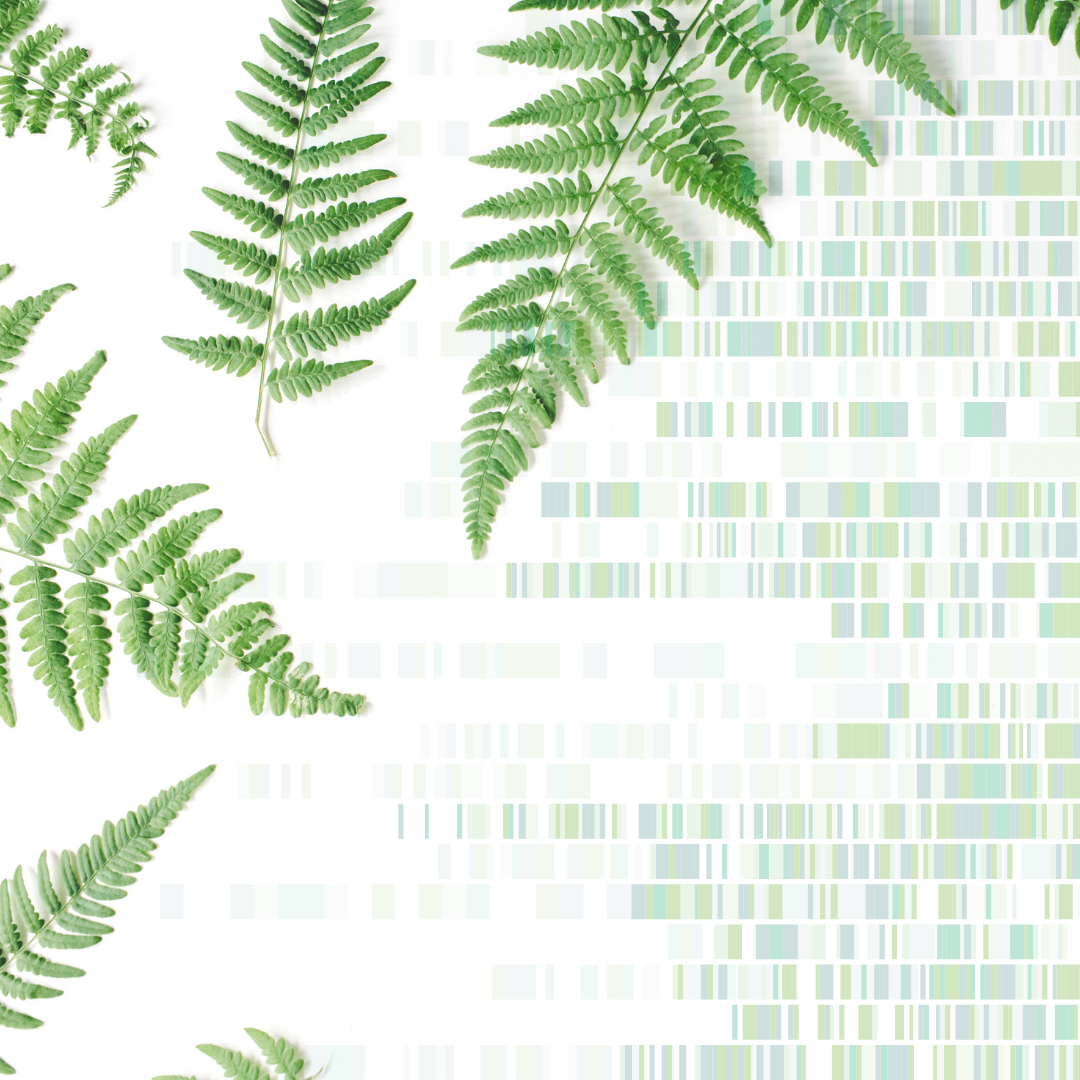 graphic featuring a green genome and fern leaves