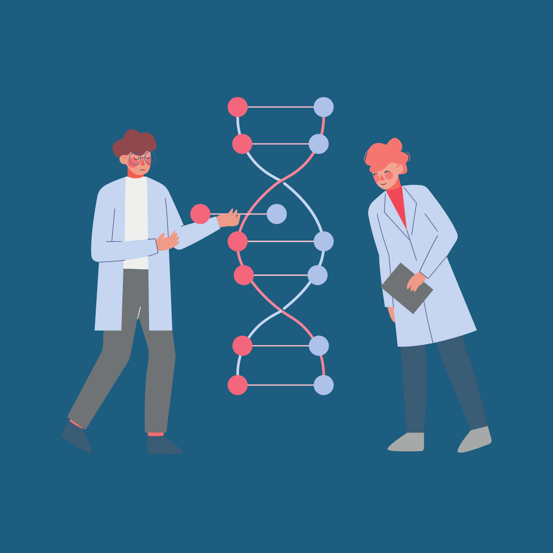 Image of two cartoon genetic scientists on either side of a large double helix 