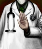 Illustrated painting of the torso of a doctor in a white coat, holding their hand up as a gesture of silence or omniscient authority.