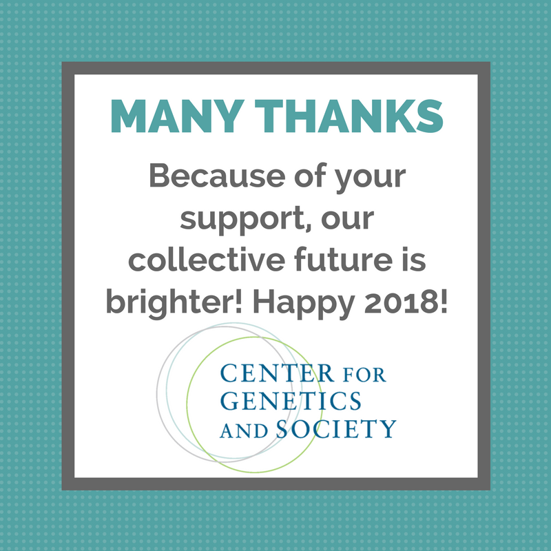 “Many Thanks” is written in bold letters. Below, text reads: “Because of your support, the future of our world is looking brighter! Happy 2018!” The bottom displays CGS’ logo with three overlapping circles.