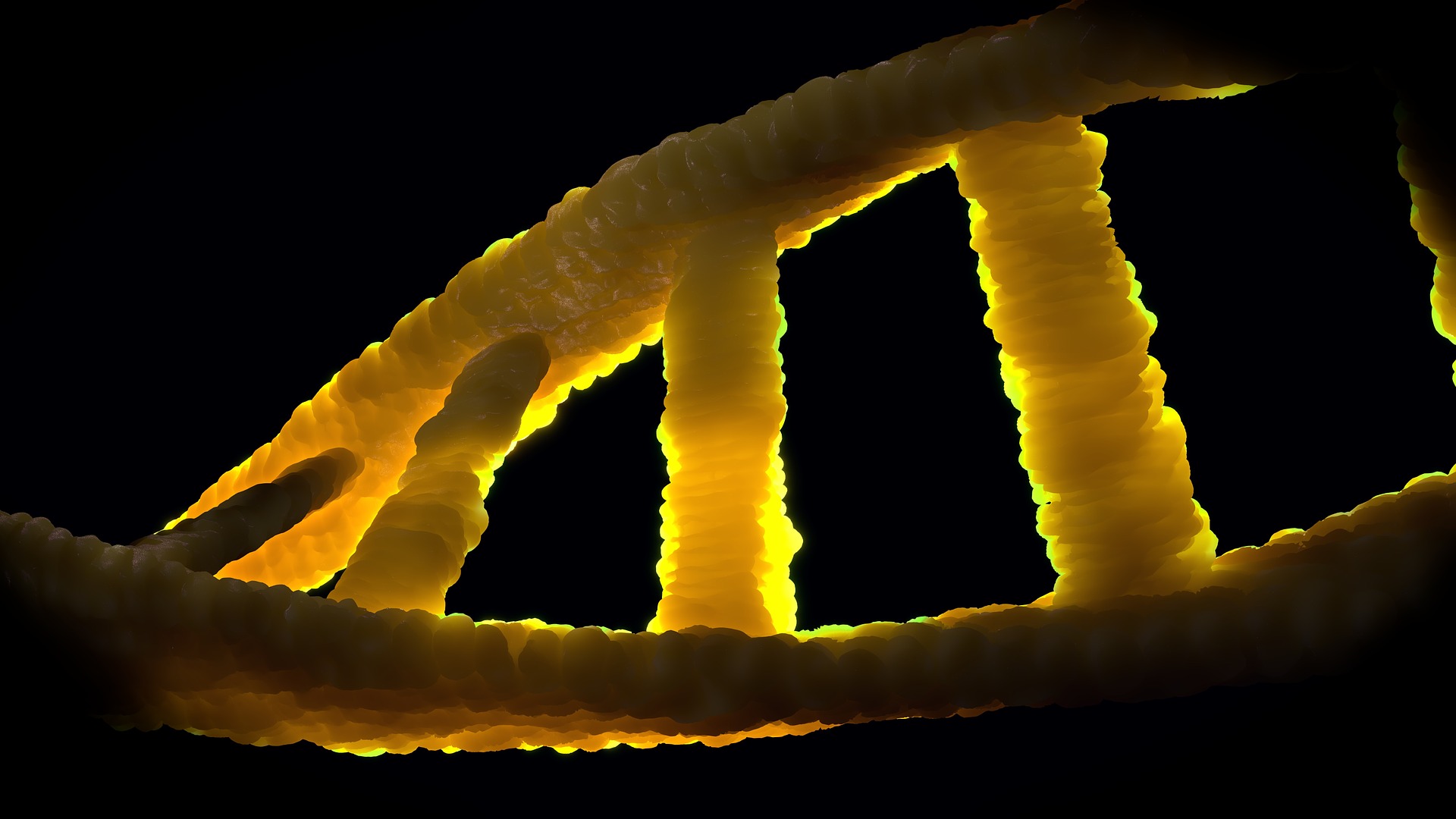 Close-up image of a DNA double helix, stained in yellow, horizontally placed against a black background.