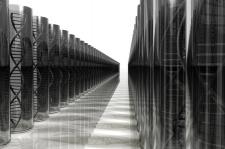 Black and white image of DNA strands confined in several tubes lined along the perimeter of the image.