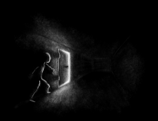 With dark surroundings, a human-like character approaches a white door.