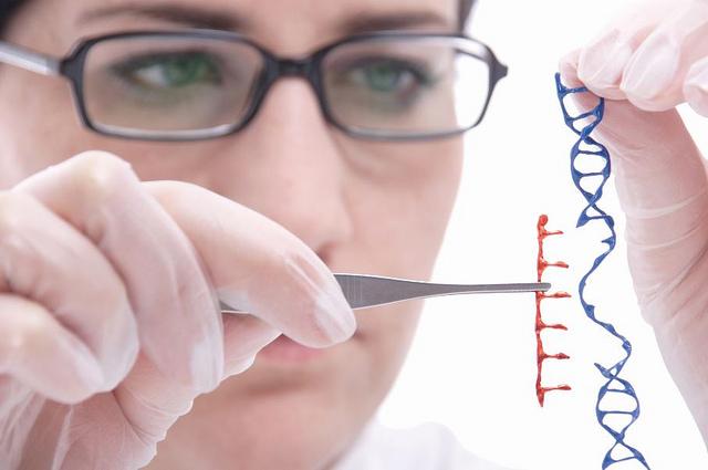 A scientist with eye glasses holds a DNA strand in their left hand at eye level. In their right hand they have an instrument containing missing DNA pieces.