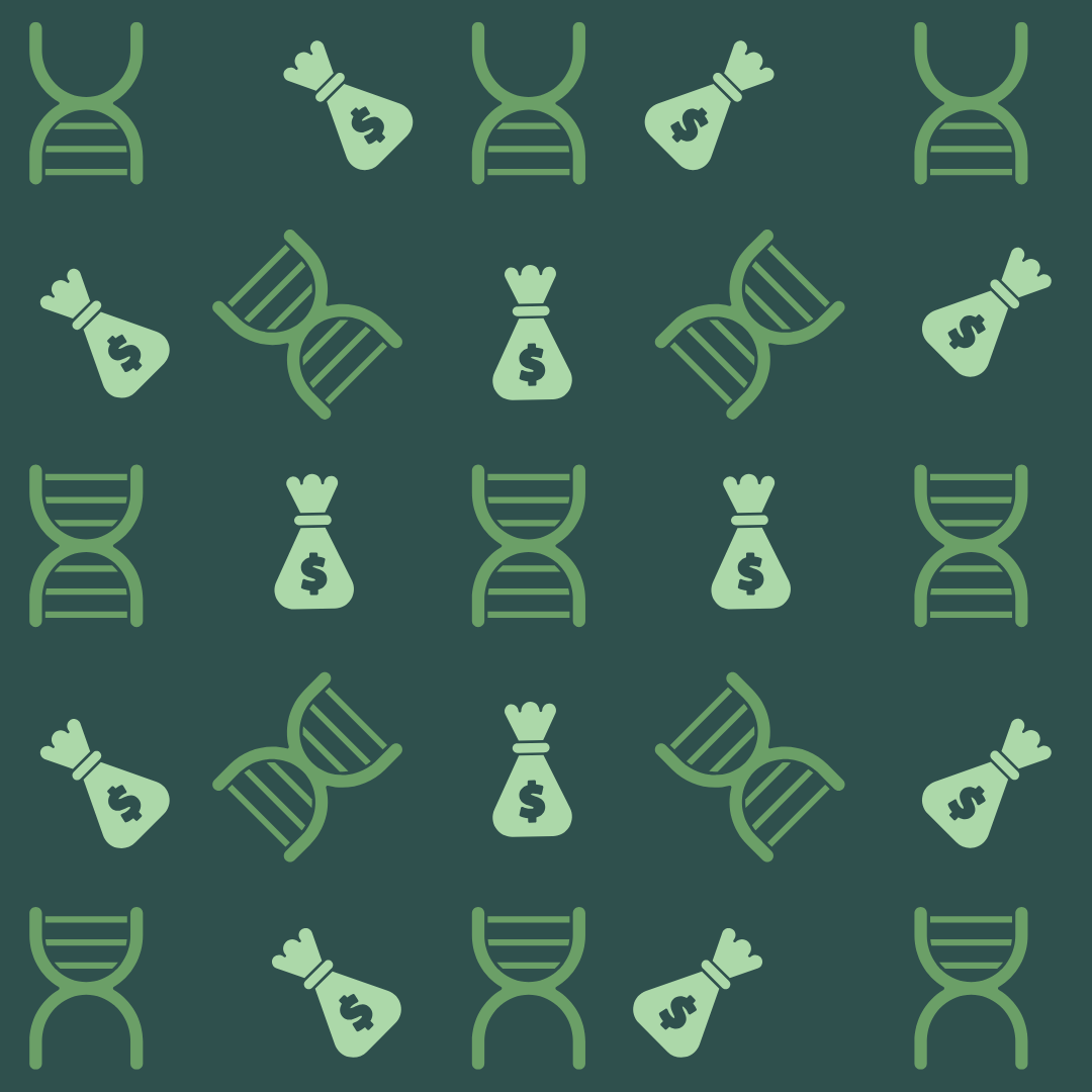 DNA strands and money bags graphic