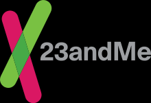 23andMe logo featuring a pink and green chromosome.