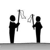 Two illustrated figures face each other, holding a white flag in conflict management.