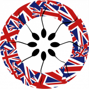 8 illustrations of sperm cells meet in the middle of a surrounding circle of British flags. rolled up.