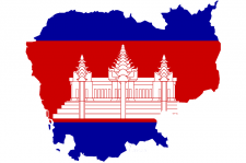 Illustration which displays the shape of Cambodia's borders, colored as if it their national flag. At the center, there is a red outlined temple.