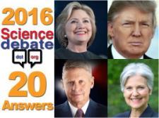 Text reads: "2016 Science debate | 20 answers." On the side of the text are four portrait photos of presidential candidates.