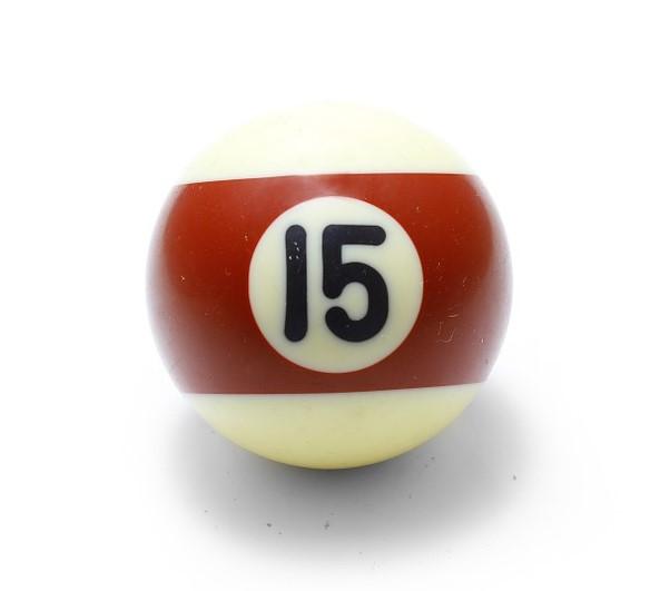 A pool ball with the number fifteen in black letters on a red band of color.