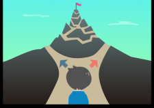 An illustrated character is facing a mountain, with two branching travel routes to choose from.