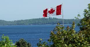 The Canadian flag (Red, White, and the another Red strip with a red maple leaf in the middle of the white section of flag) waving in the trees in front of a large body of water.