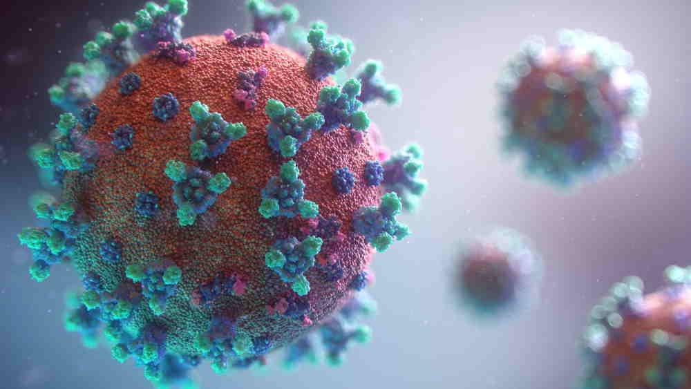 image of coronavirus - a red sphere with green spikes
