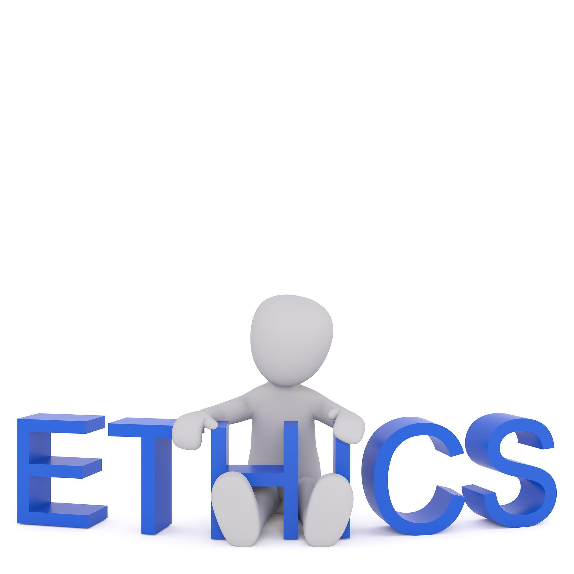 A figure sitting down holding a sign that says "Ethics".