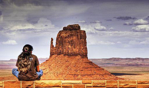A young girl has ber back turned away from the camera, and sits on a rock, with jeans a brown t-shirt, and long hair. She looks onward to a rock and landscape.