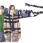 Illustrative art that represents faceless human individuals standing in line like dominoes. Some in the back have been knocked over and may potentially fall onto the next person in the line.